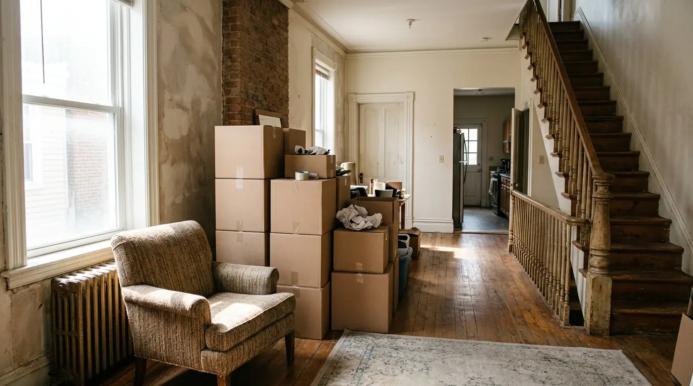 Partly sorted rowhome living room with a cleared path to the stairs