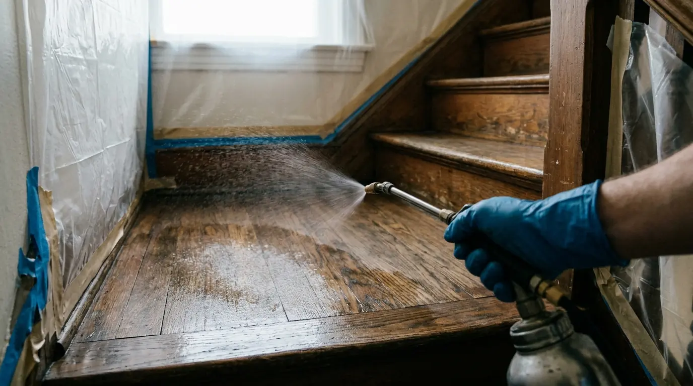 Gloved hand spraying disinfectant on a cleaned stairwell landing