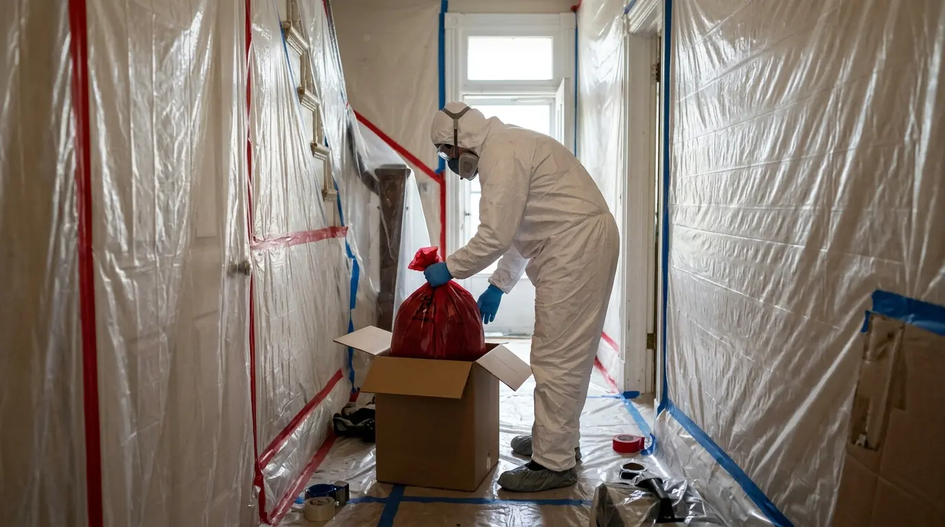 Technician sealing a red biohazard bag into a rigid waste box