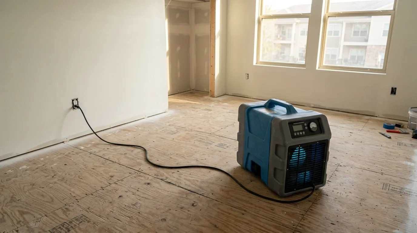 Air treatment machine in a primed empty bedroom with bare subfloor