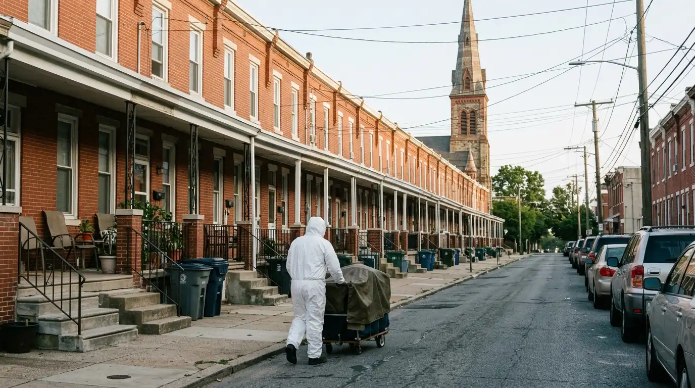 Technician with a covered cart outside porch-front rowhomes in Port Richmond
