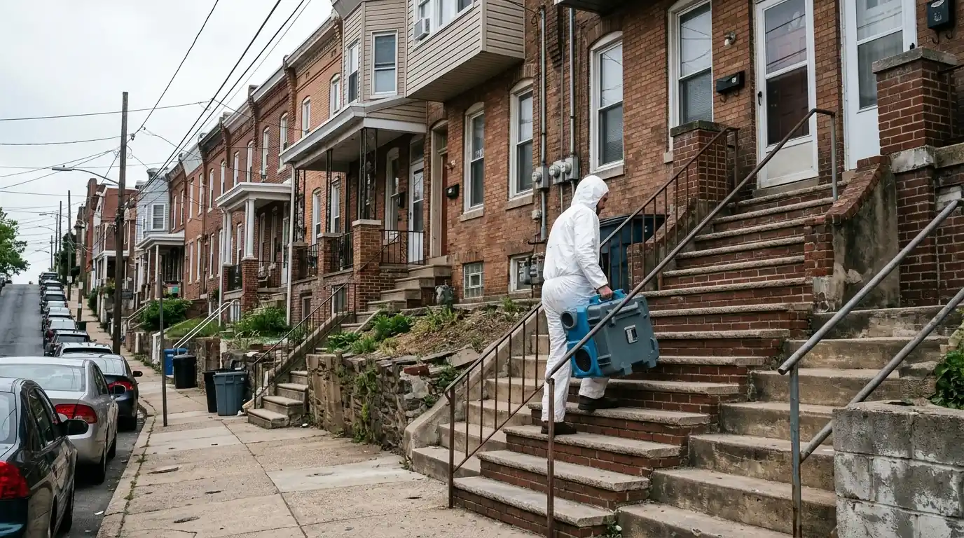 Technician carrying an air scrubber up steps on a Manayunk hillside