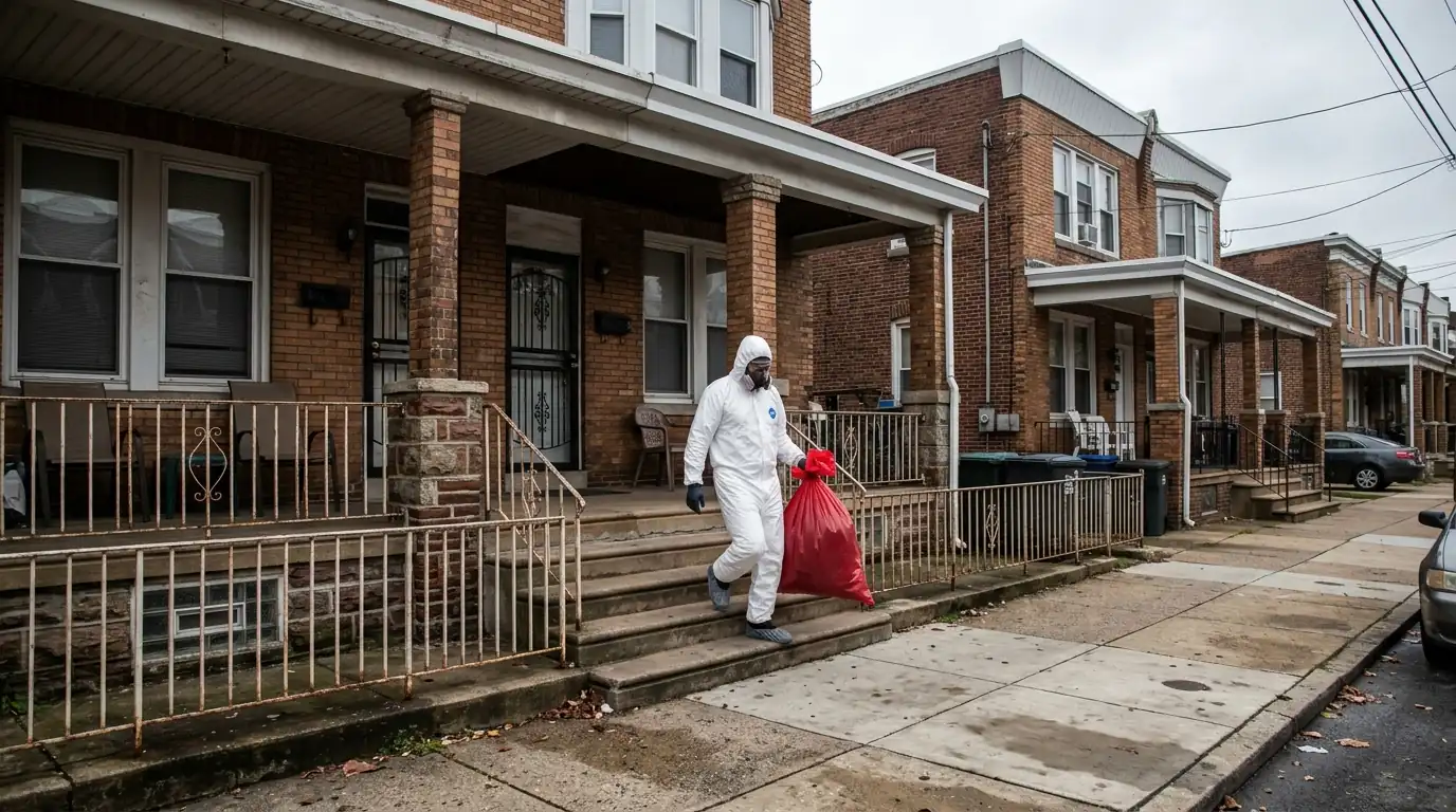 Technician carrying a sealed red bag past porch-front twins in Olney