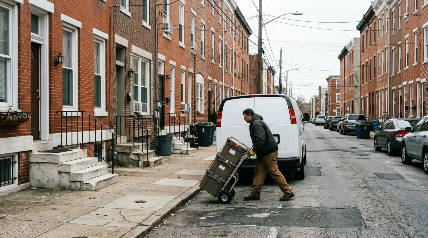 Technician wheeling sealed waste boxes toward a rowhome stoop