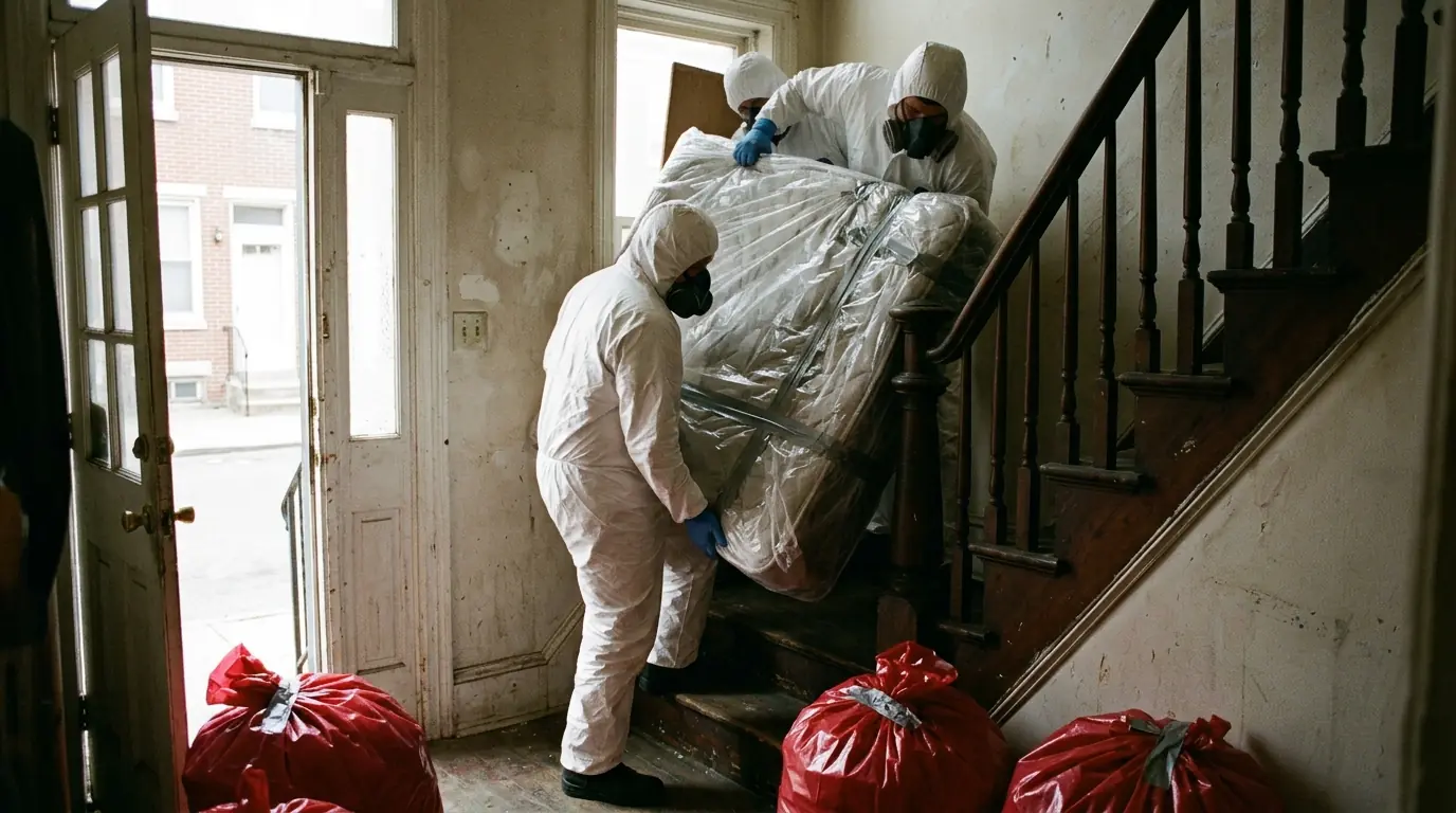 Technicians carrying a wrapped mattress down a narrow rowhome staircase