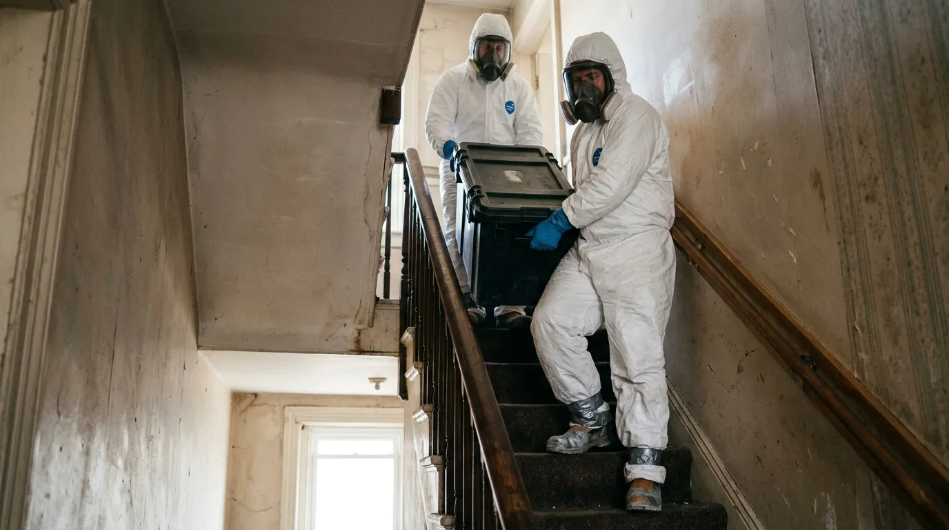 Technicians carrying a sealed waste box down narrow rowhome stairs