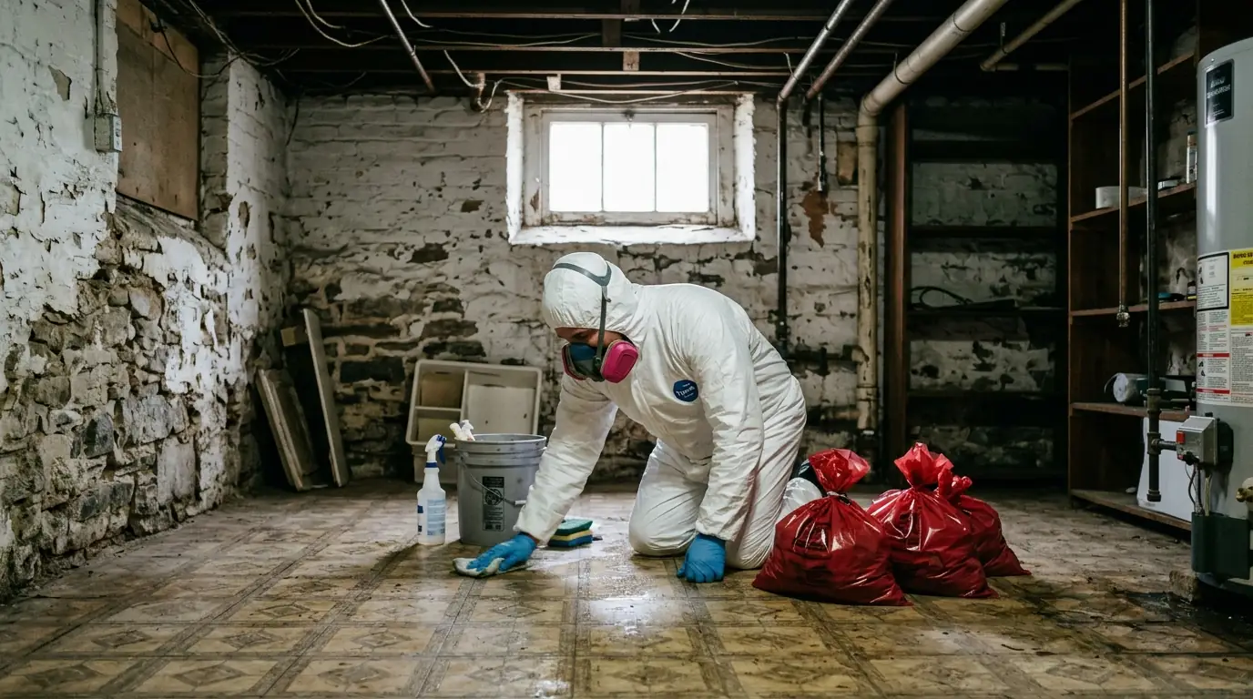 Technician in protective suit cleaning a tiled rowhome basement floor