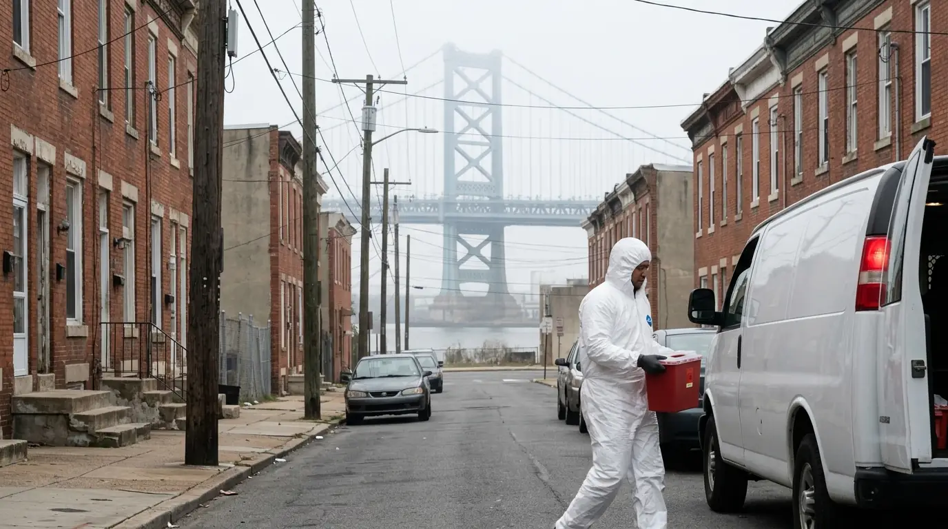Technician carrying a sharps container on a Camden rowhome street