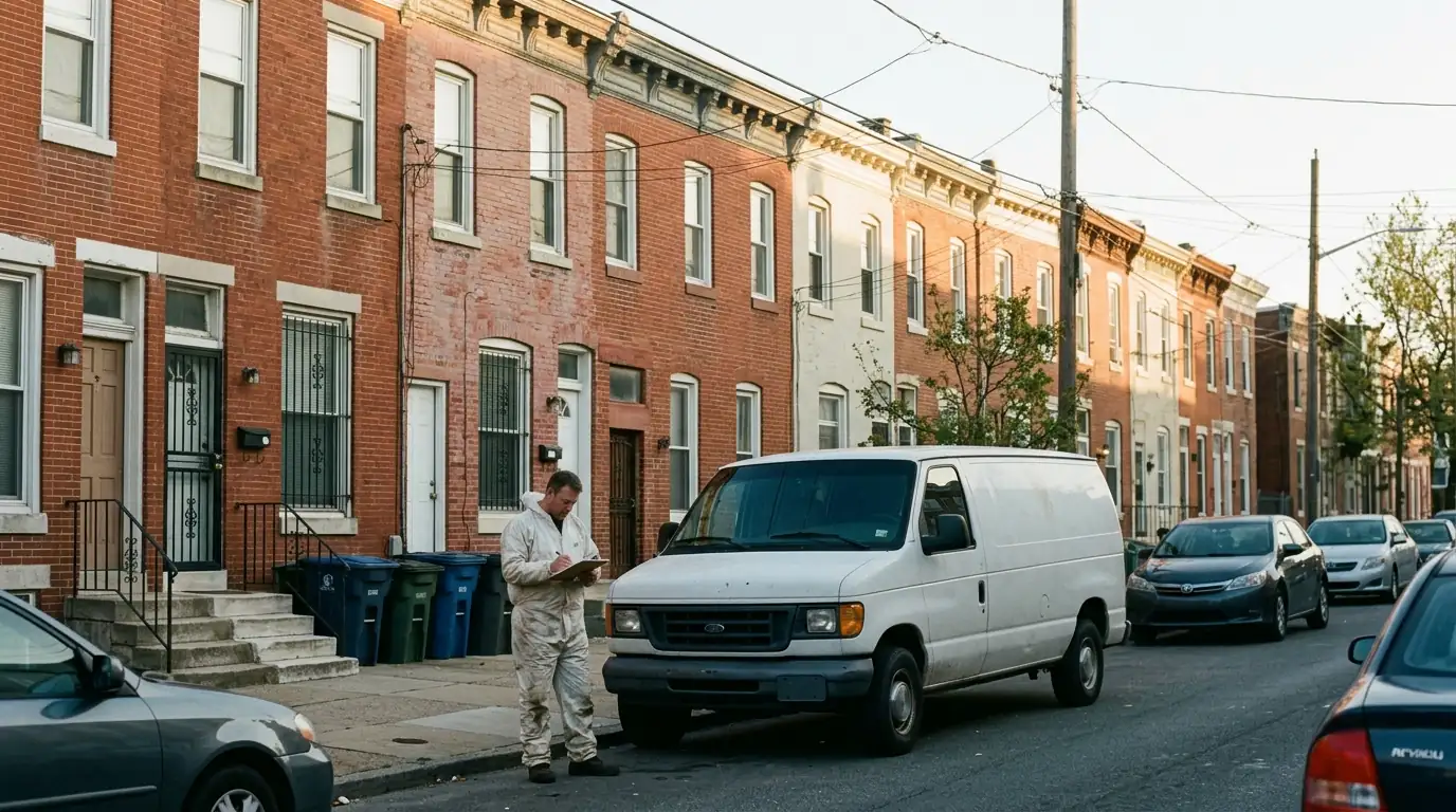 Technician with clipboard on a Philadelphia rowhome block