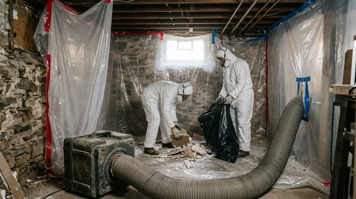 Technicians removing drywall inside plastic containment in a rowhome basement
