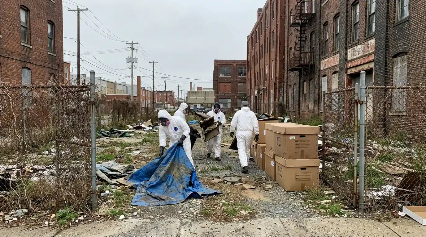 Cleanup crew in protective suits clearing debris from a fenced urban lot