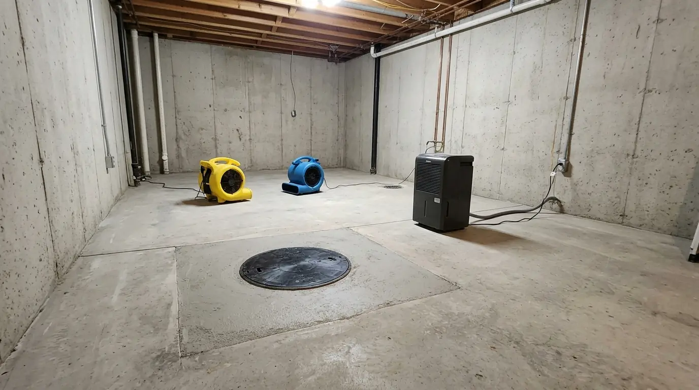 Backwater valve cover and drying equipment in a clean basement