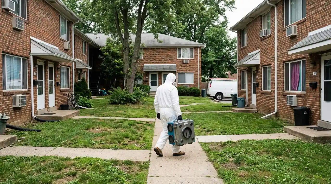 Technician carrying air equipment into a Bustleton garden apartment building