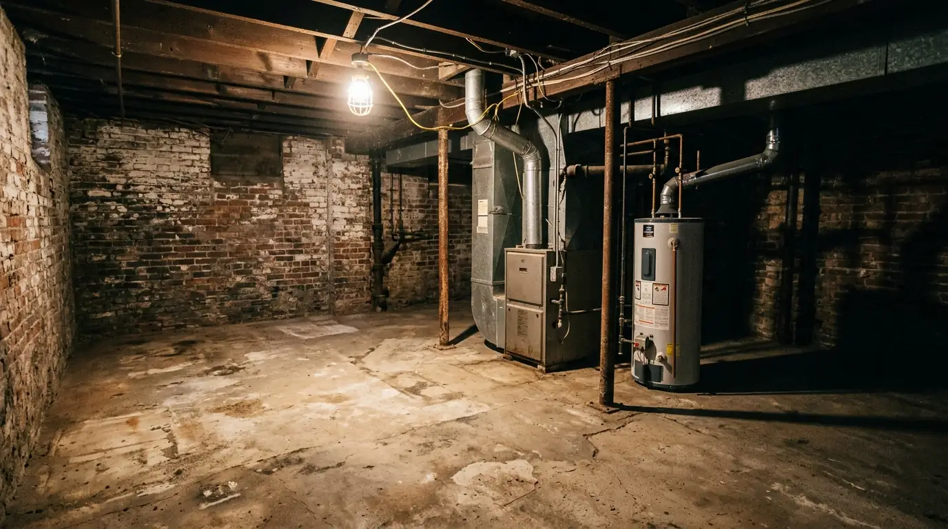 Cleared space around a furnace and water heater in a rowhome basement