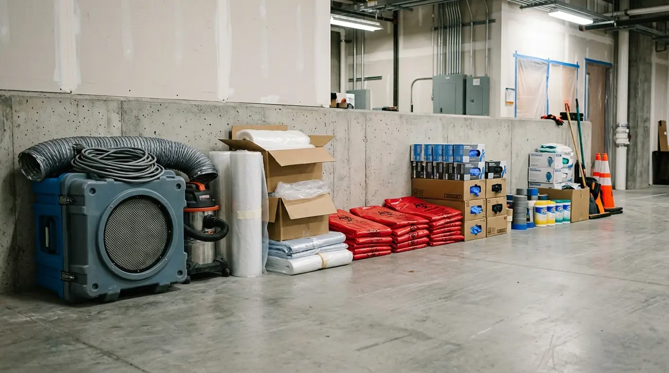 Cleanup equipment staged on a clean floor