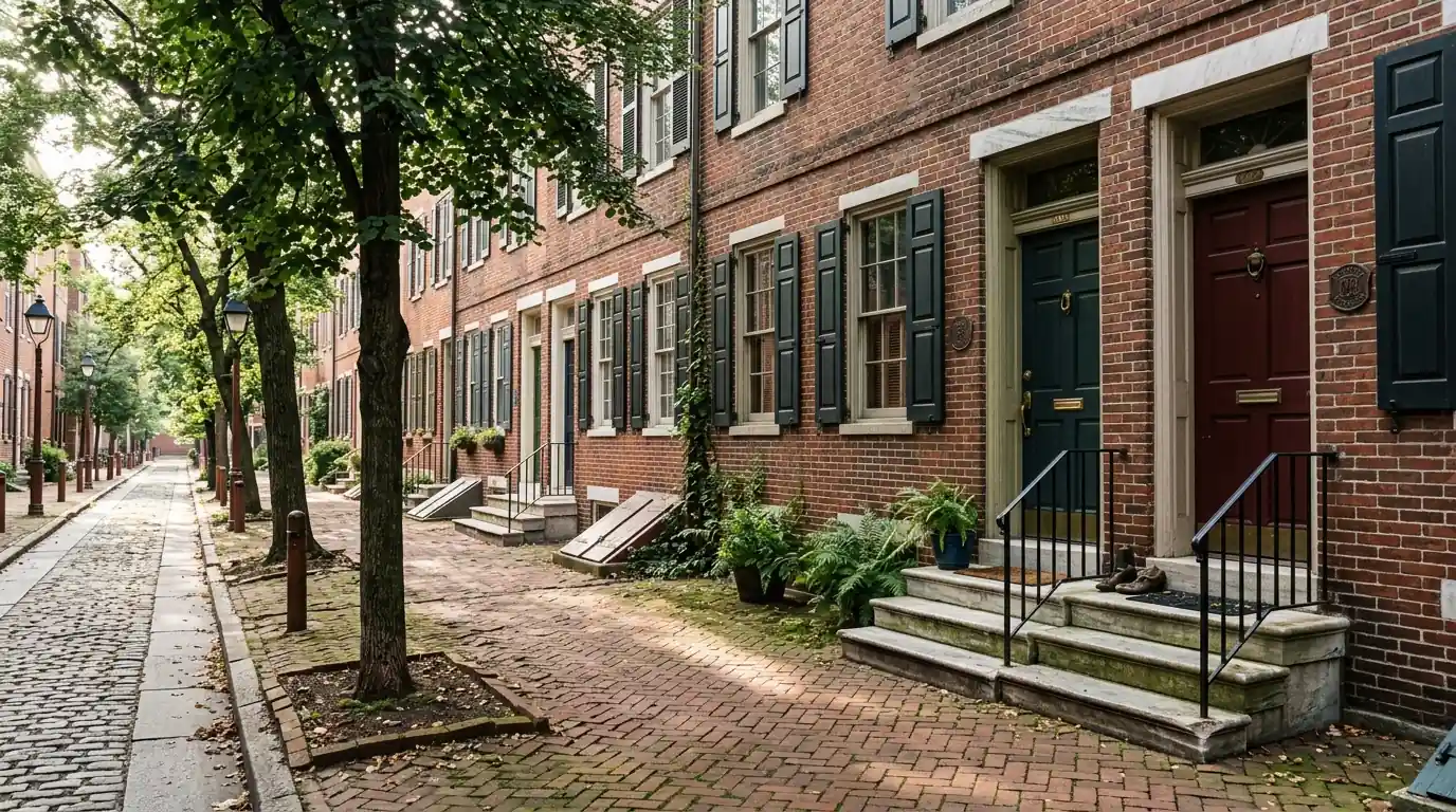 Quiet Society Hill side street with brick rowhomes