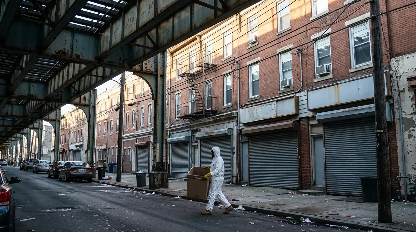 Technician carrying a waste box past Frankford storefronts under the El