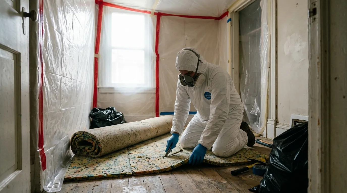 Technician removing carpet pad inside plastic containment in a bedroom