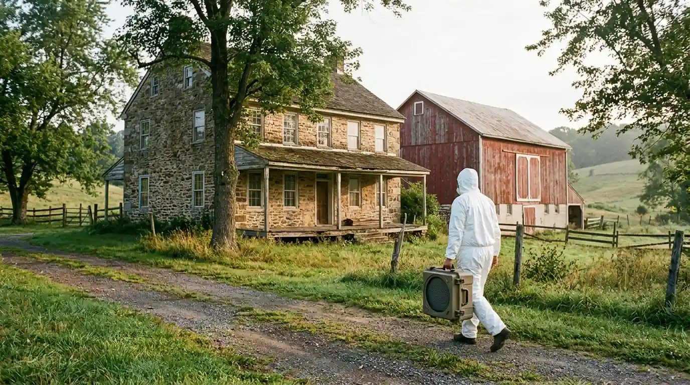 Technician carrying an air scrubber to a stone farmhouse in Chester County