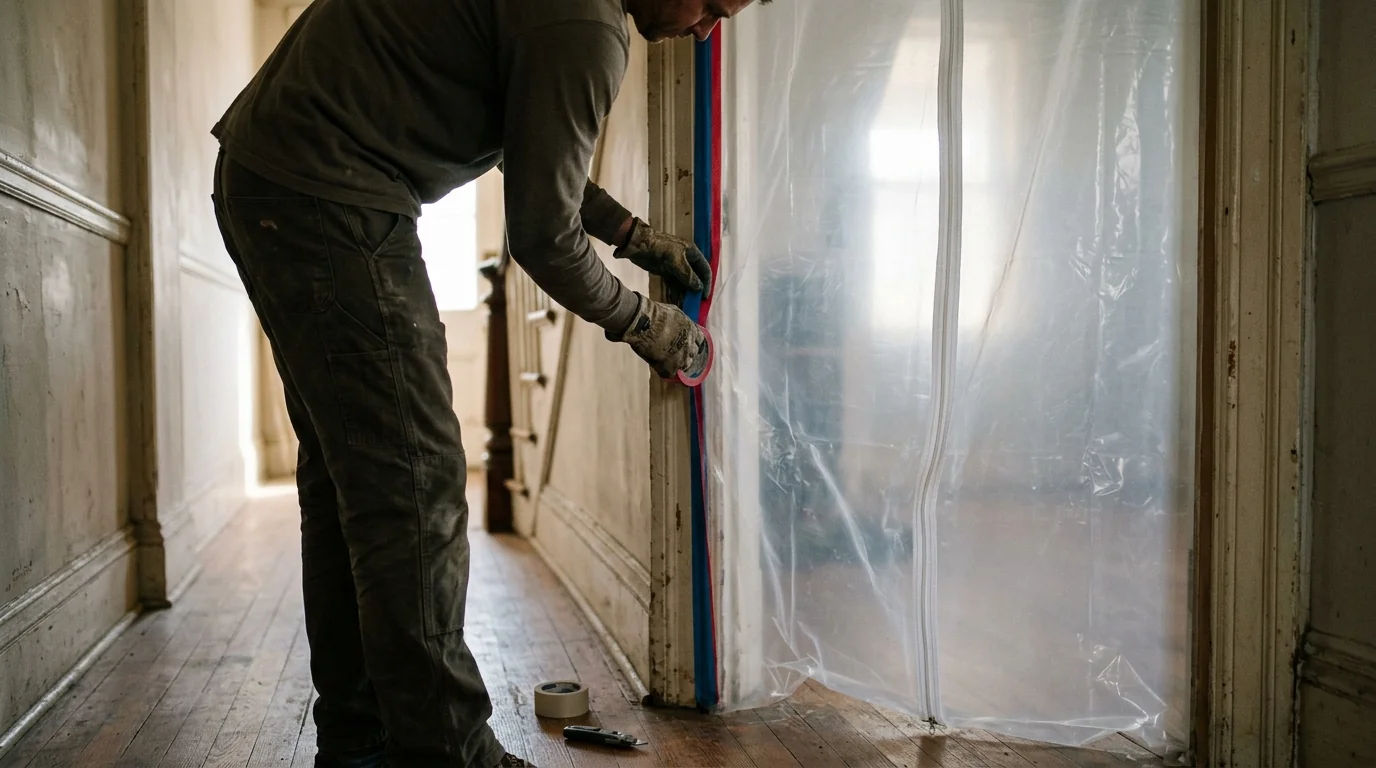 Technician sealing a doorway with plastic sheeting