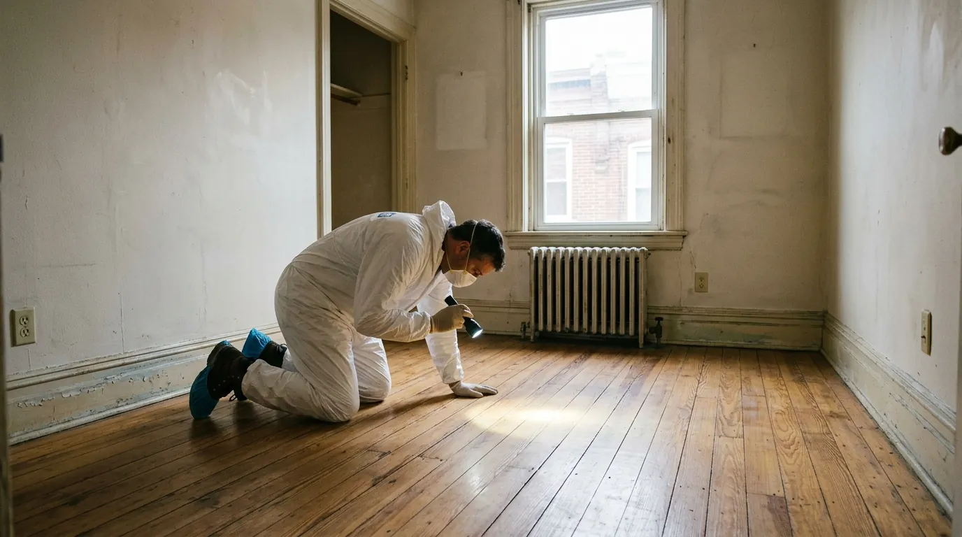 Technician inspecting cleaned floorboards with a flashlight