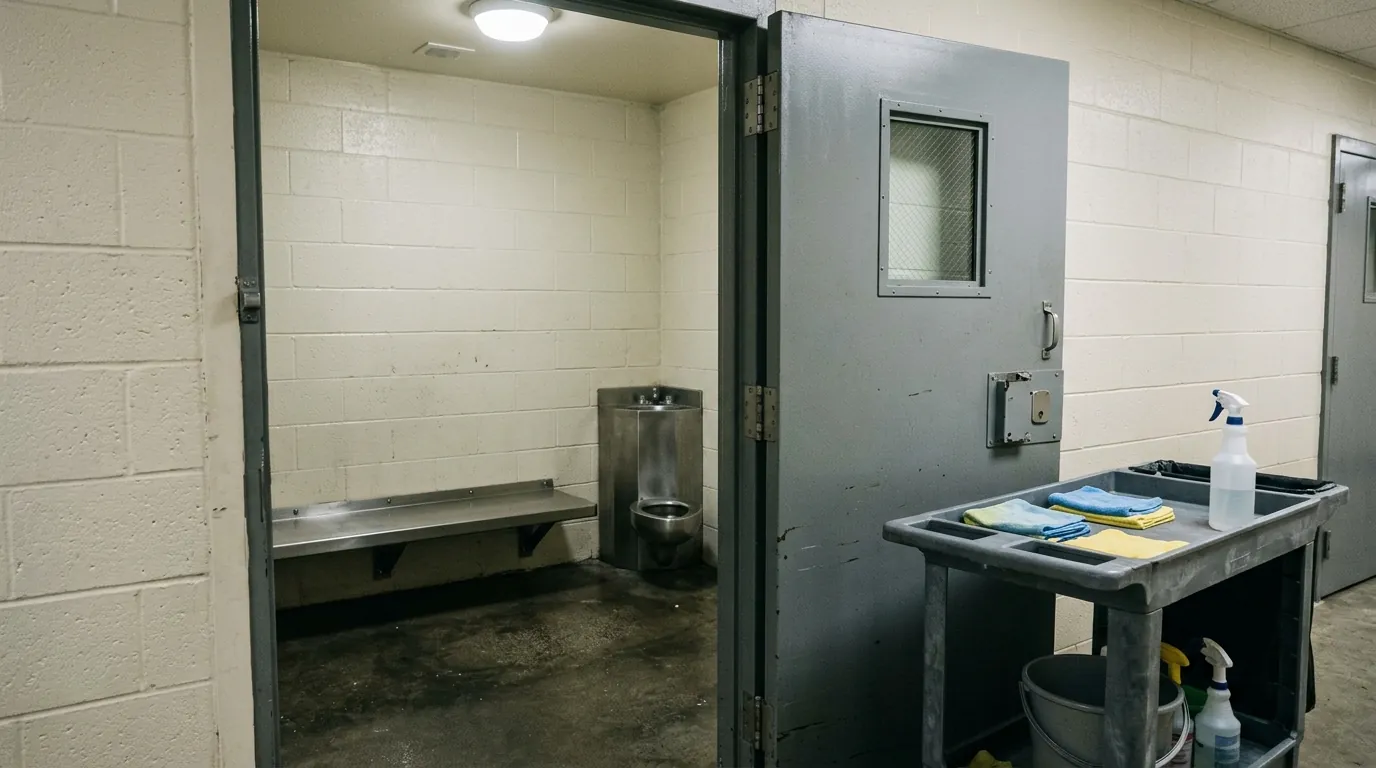 Freshly cleaned holding cell with a steel bench