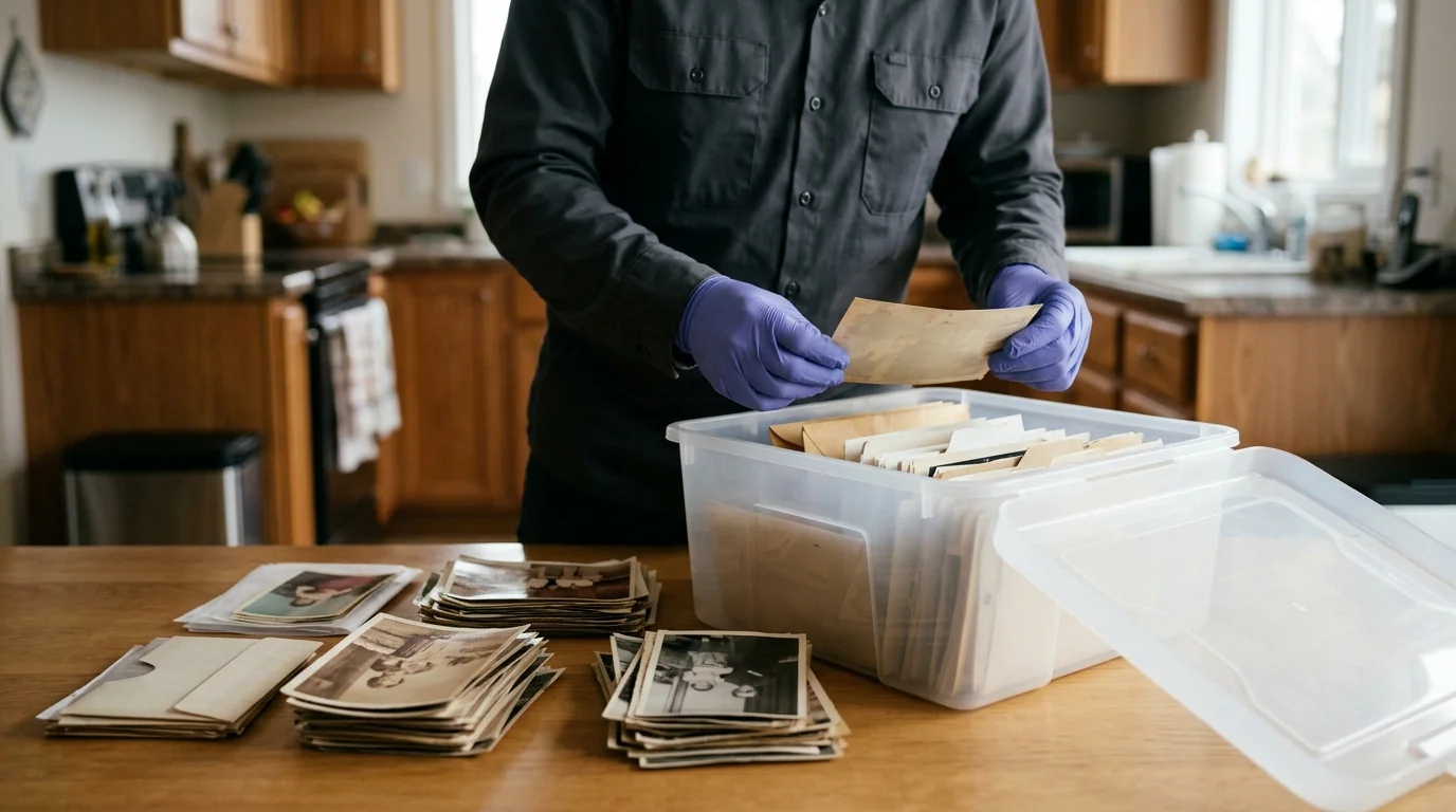 Technician placing family photographs into a keepsake bin