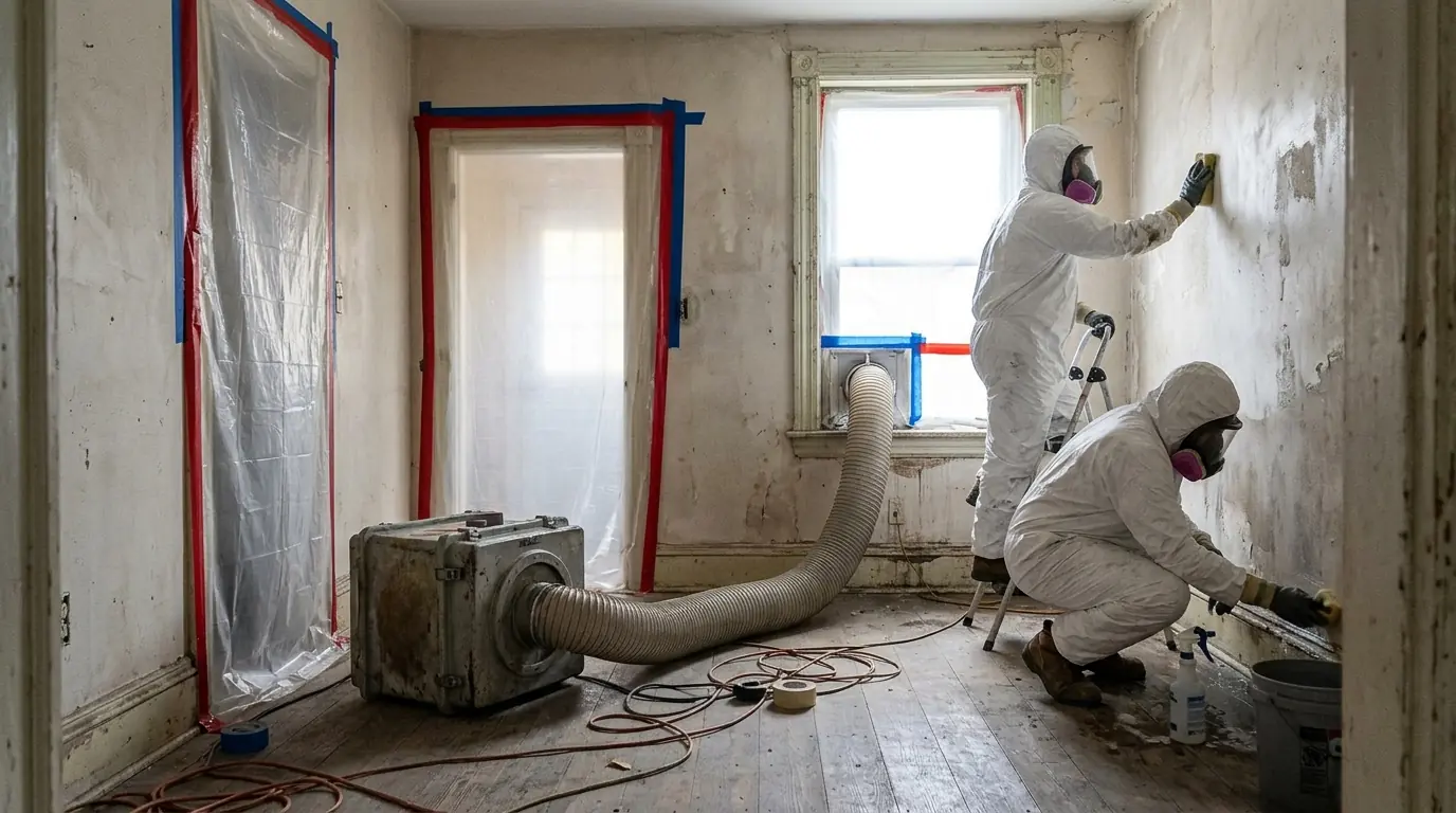 Technicians washing walls in an emptied rowhome room under containment