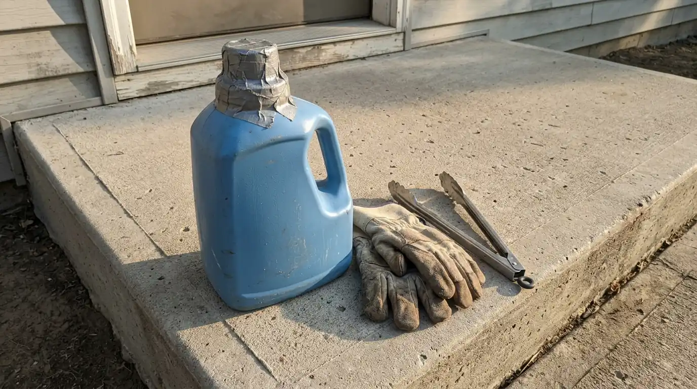 Plastic bottle, work gloves and tongs on a concrete stoop