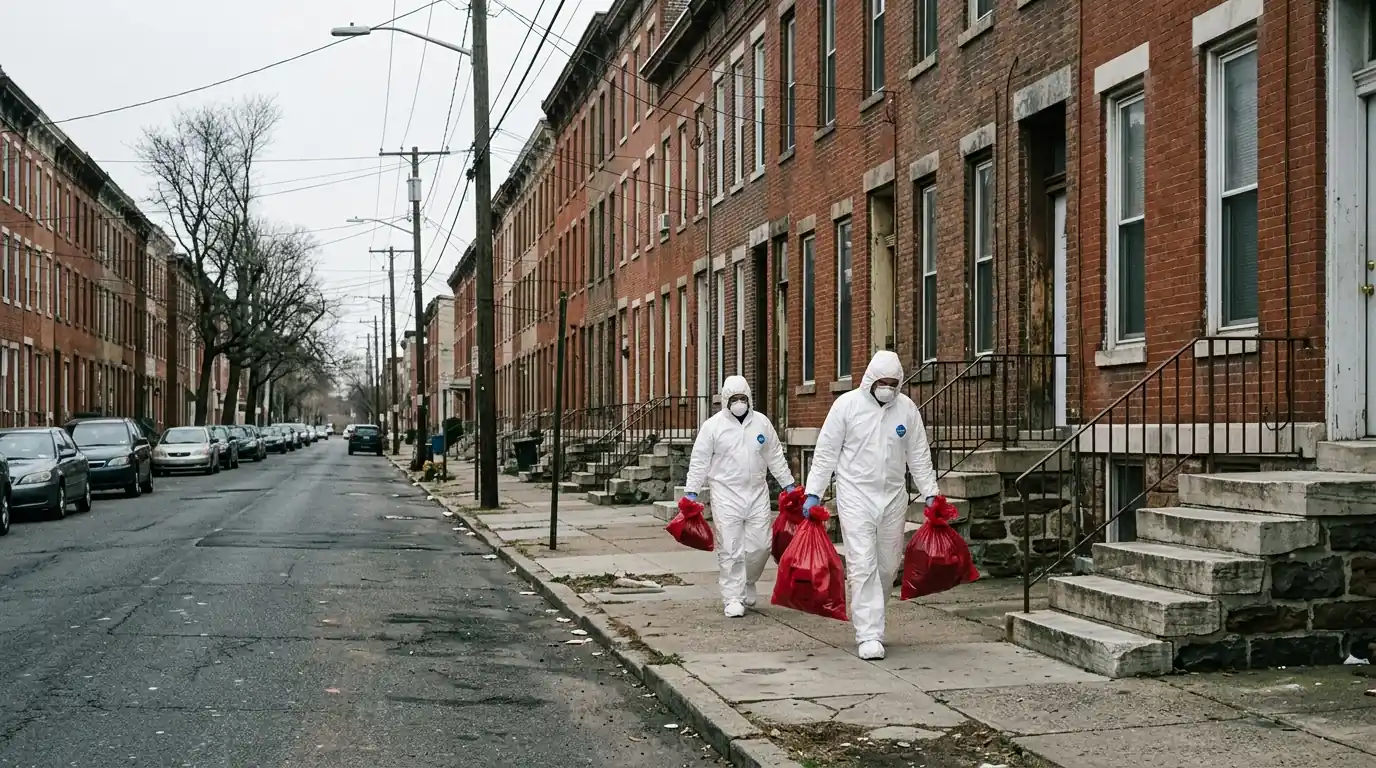 Technicians carrying sealed bags along a Trenton block of brick rowhomes