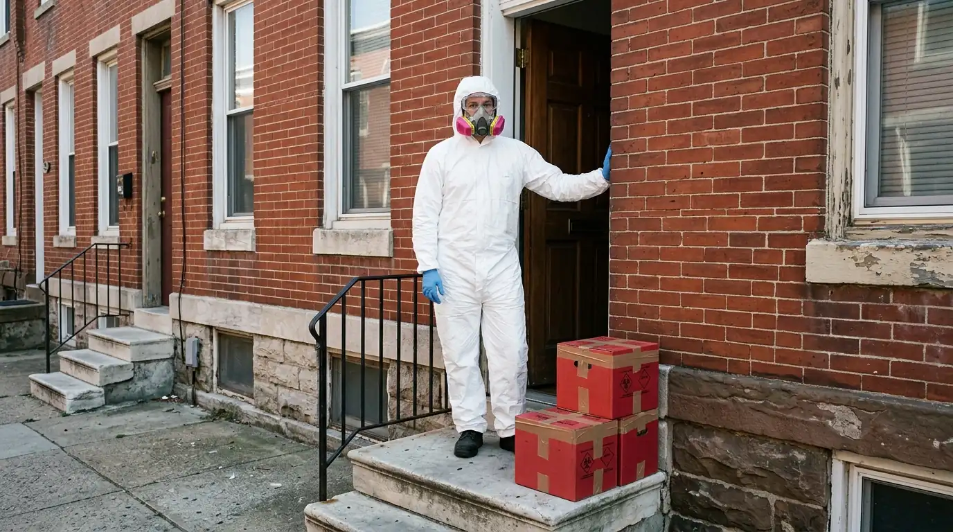 Technician in protective suit at a Philadelphia rowhome door