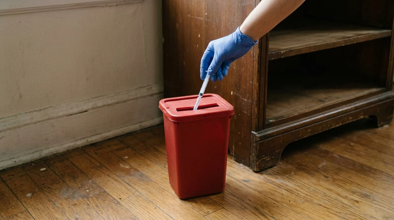 Gloved hand dropping a capped syringe into a sharps container