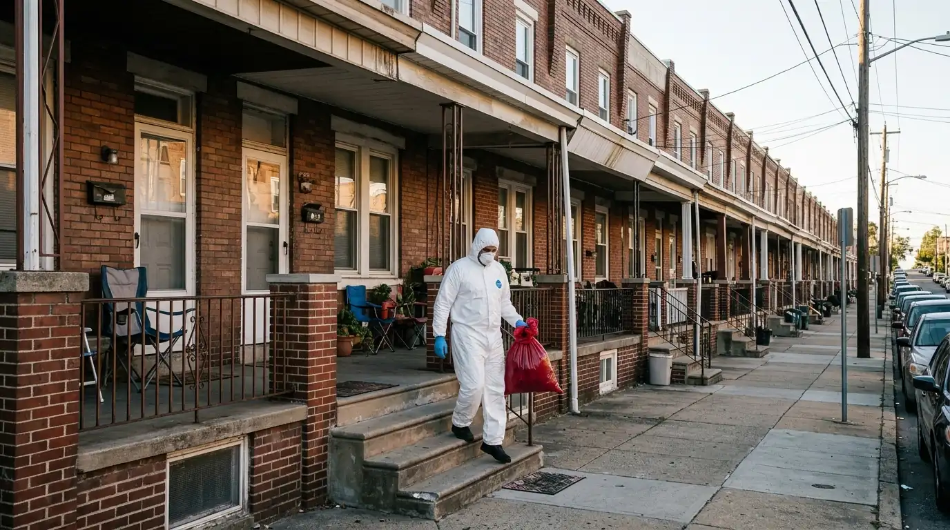 Technician carrying a sealed bag from a brick rowhome in Upper Darby