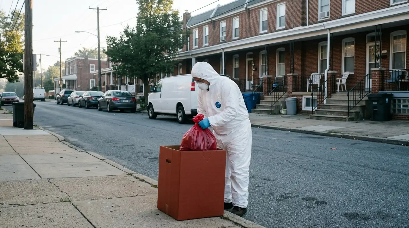 Technician packing a sealed red bag beside Upper Darby rowhomes