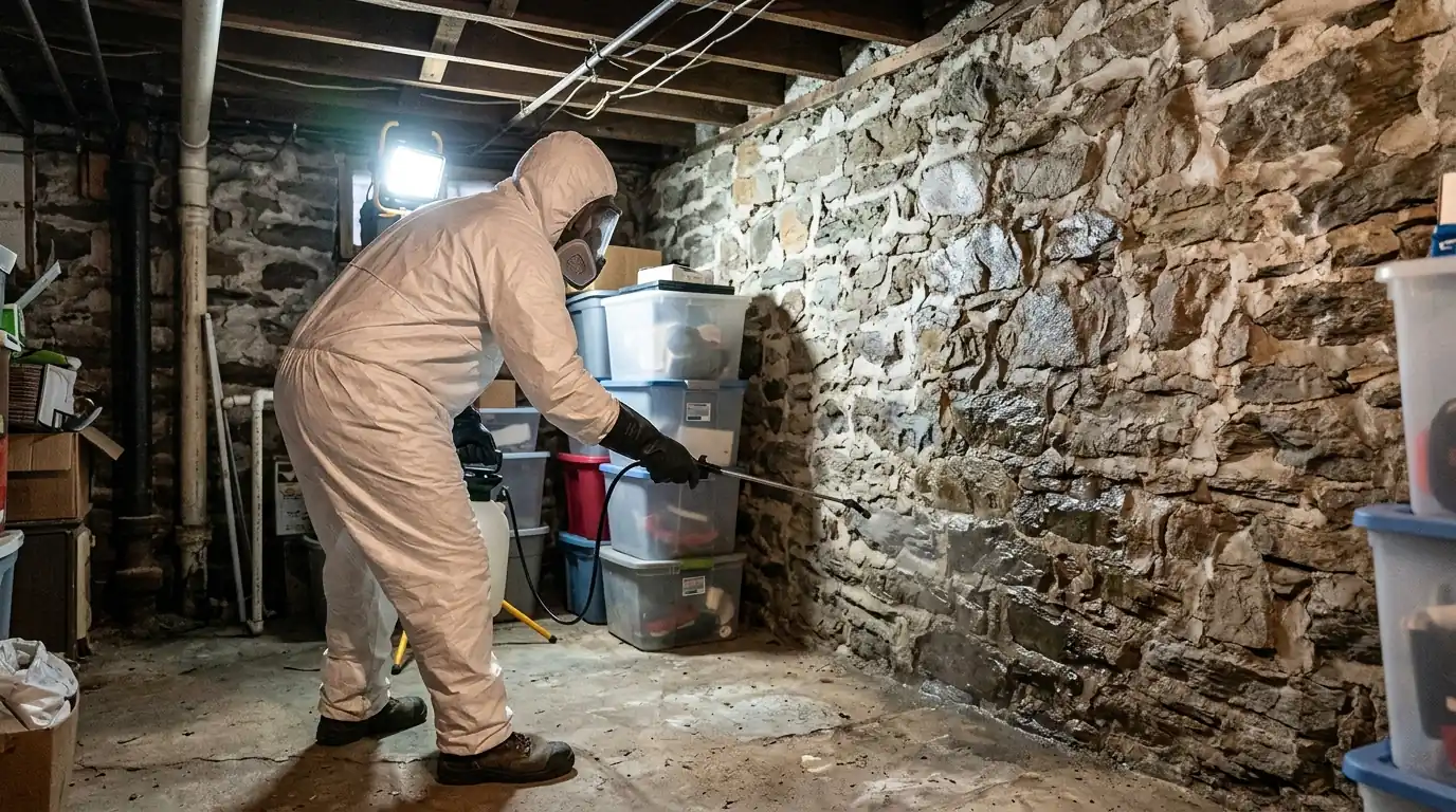 Technician spraying disinfectant along a fieldstone basement wall