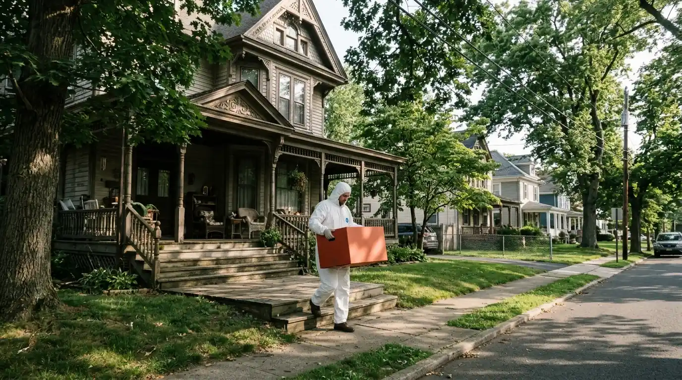 Technician carrying a waste box down porch steps in Woodbury