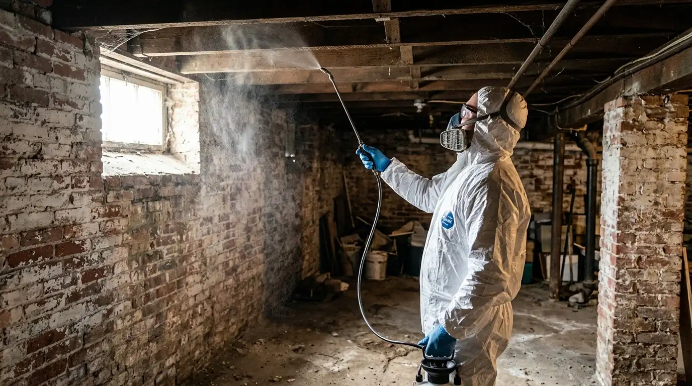 Technician spraying disinfectant along basement joists in an old rowhome