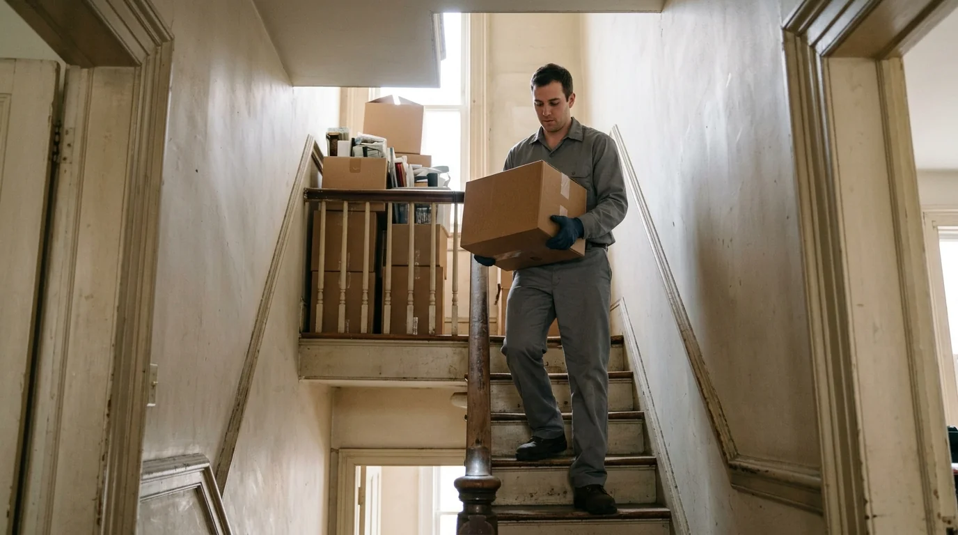 Technician clearing boxes from a narrow rowhome staircase