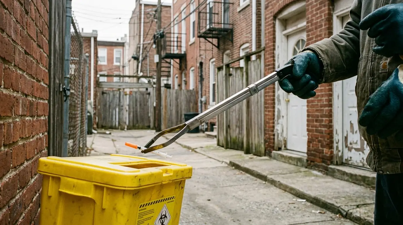 Gloved hands placing a syringe into a sharps container