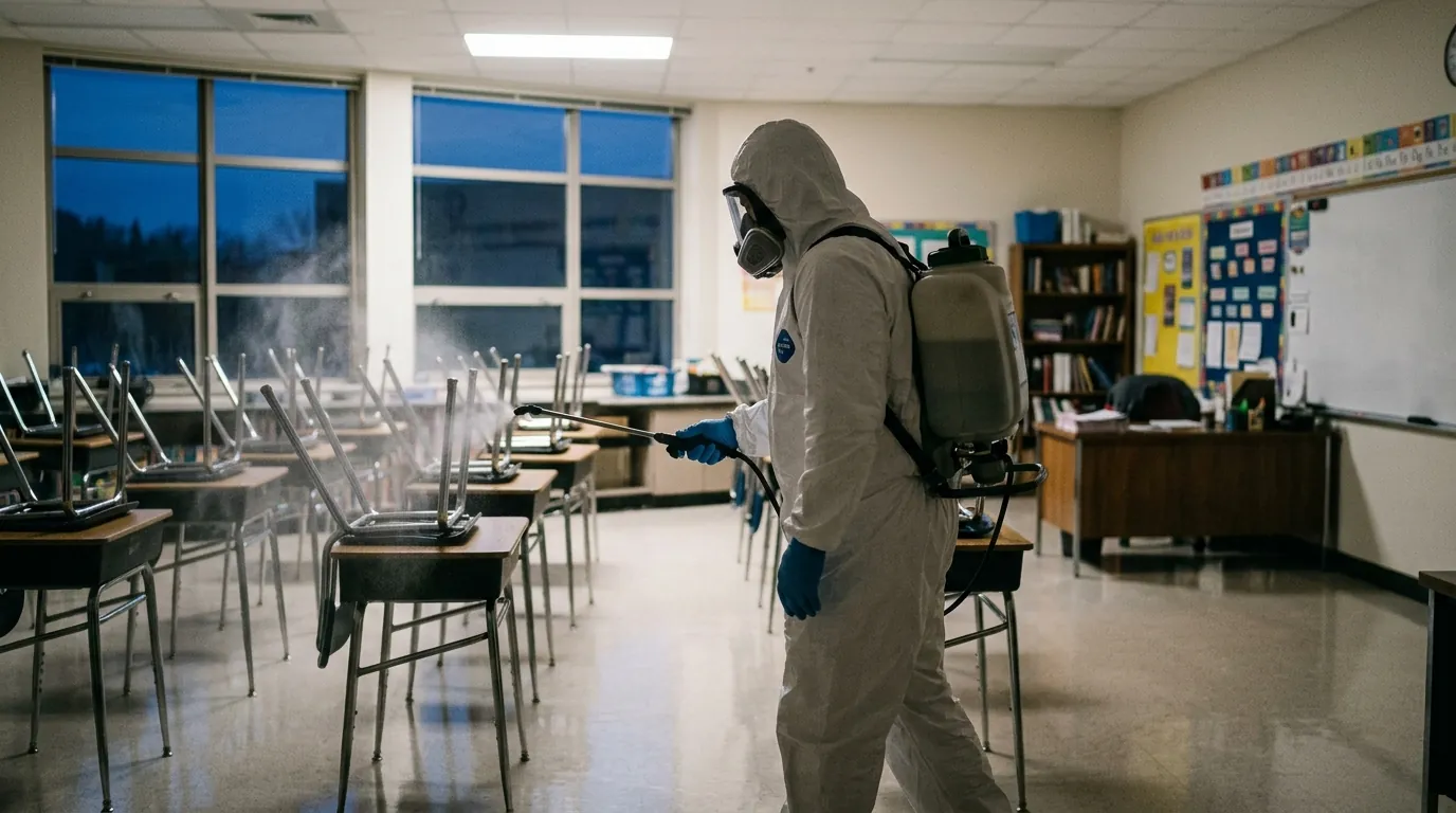 Technician disinfecting empty classroom desks with an electrostatic sprayer