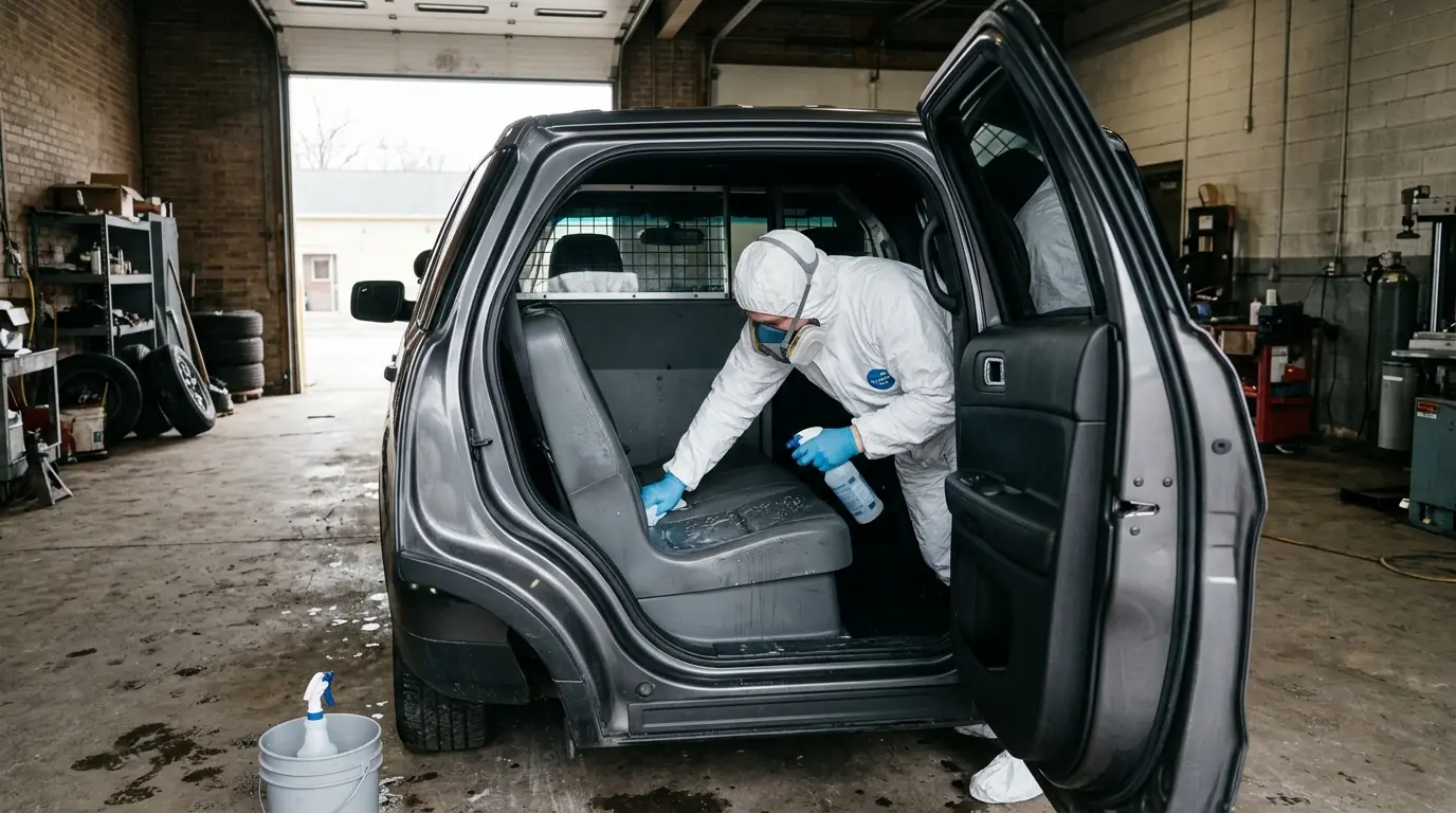 Technician cleaning the rear seat of a police vehicle in a garage
