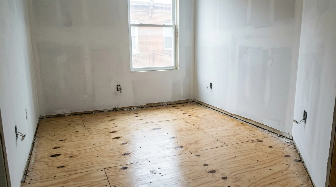 Sealed subfloor and trimmed drywall in an empty bedroom