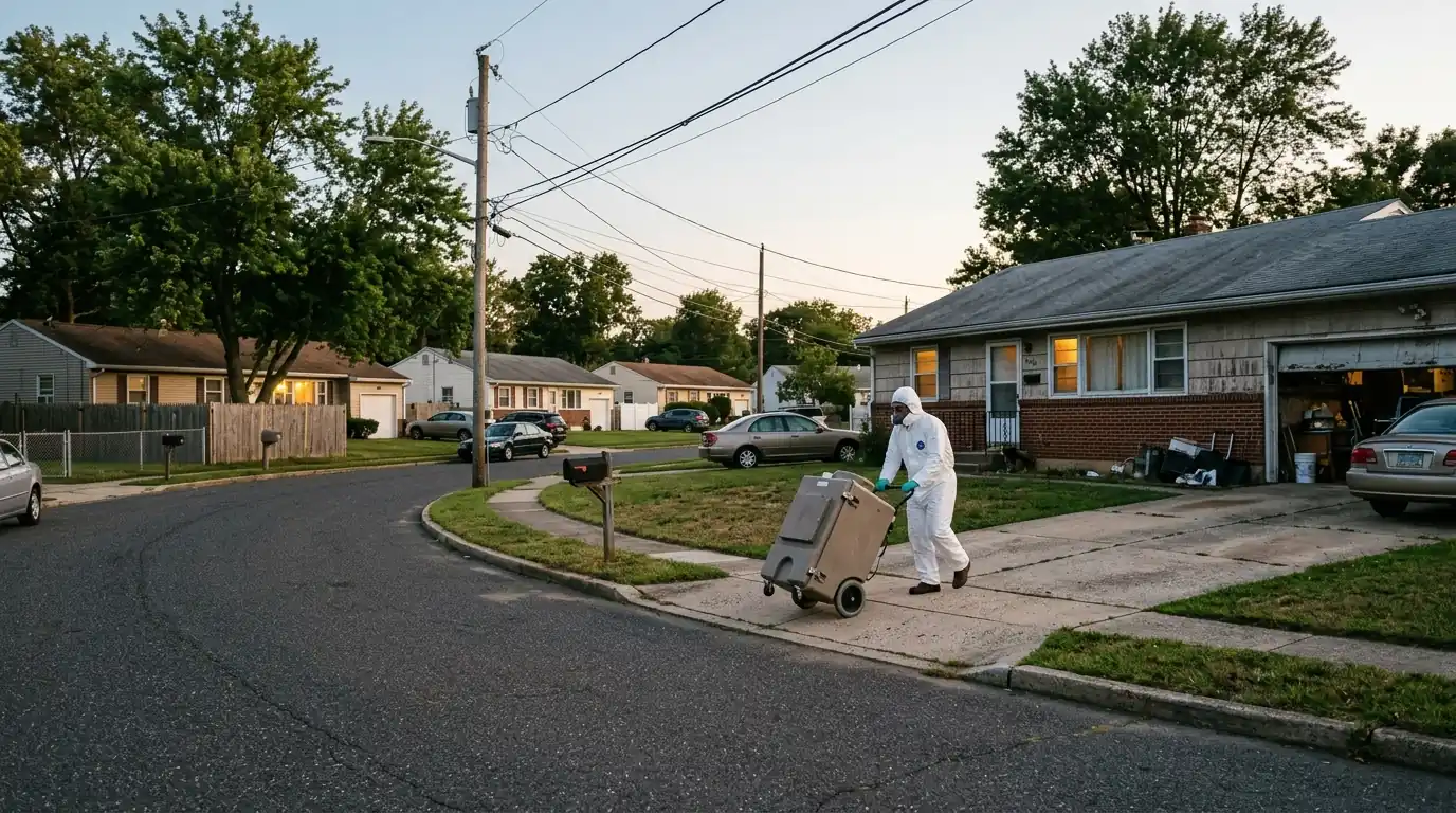 Technician wheeling an air scrubber up a Willingboro driveway