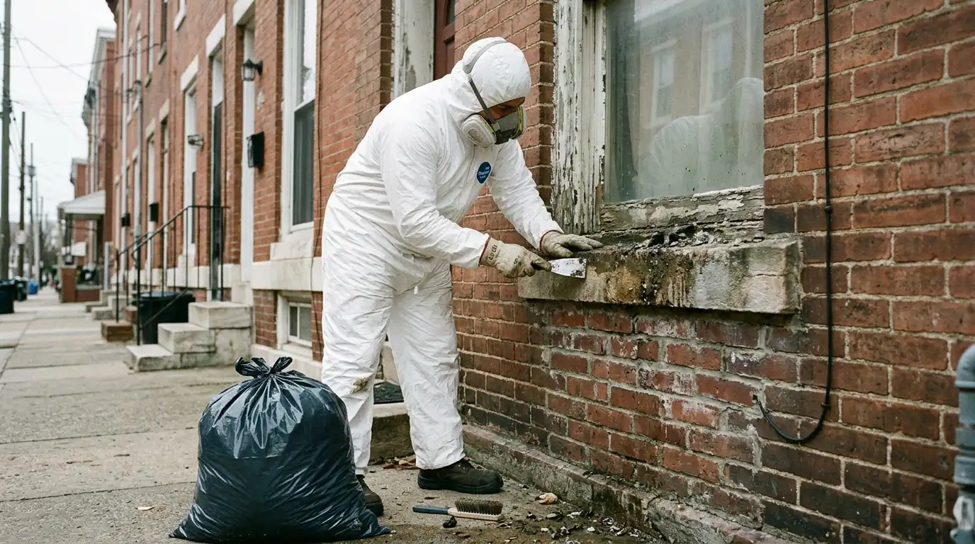 Technician in protective suit cleaning pigeon droppings from a rowhome ledge