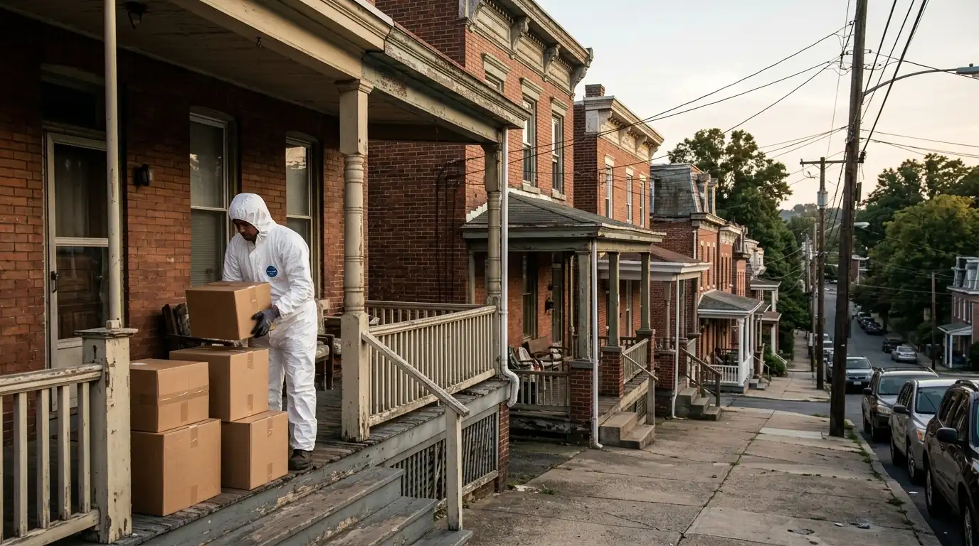 Technician stacking sealed boxes on a porch in Easton