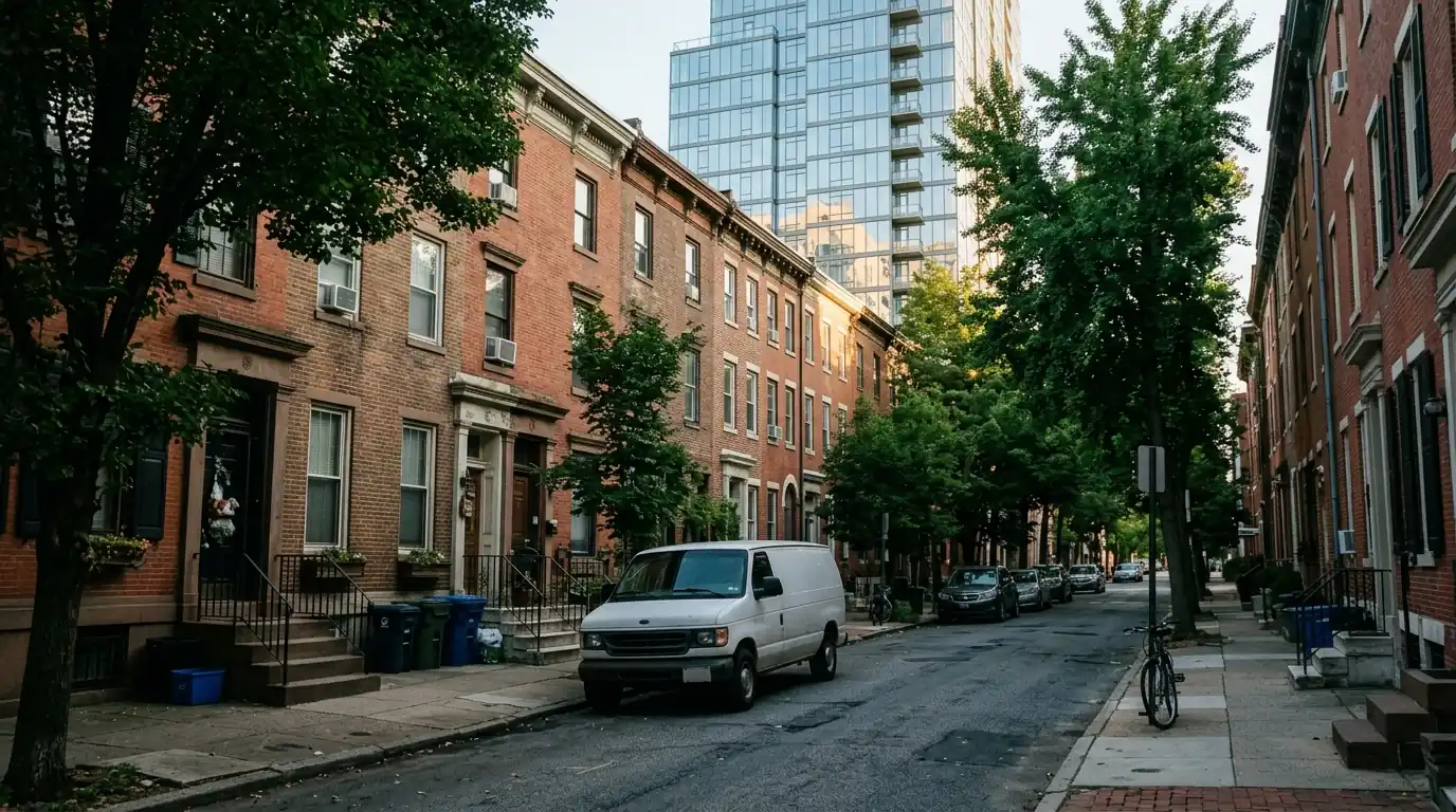 Brick rowhouses and a glass condo tower on a Center City street