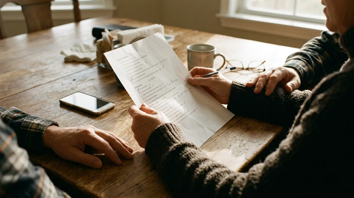 Family member reading a printed checklist at a table