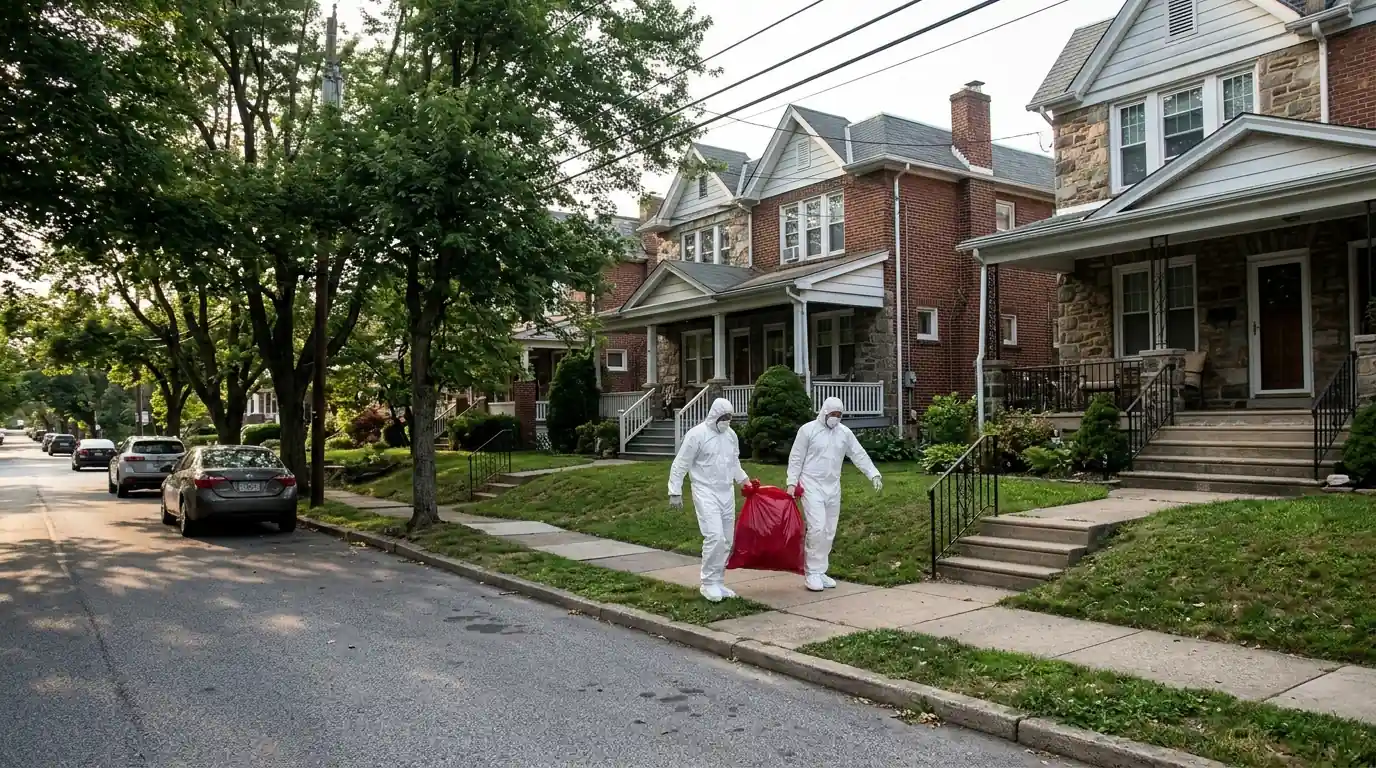 Technicians carrying a sealed bag past brick twin homes in Media