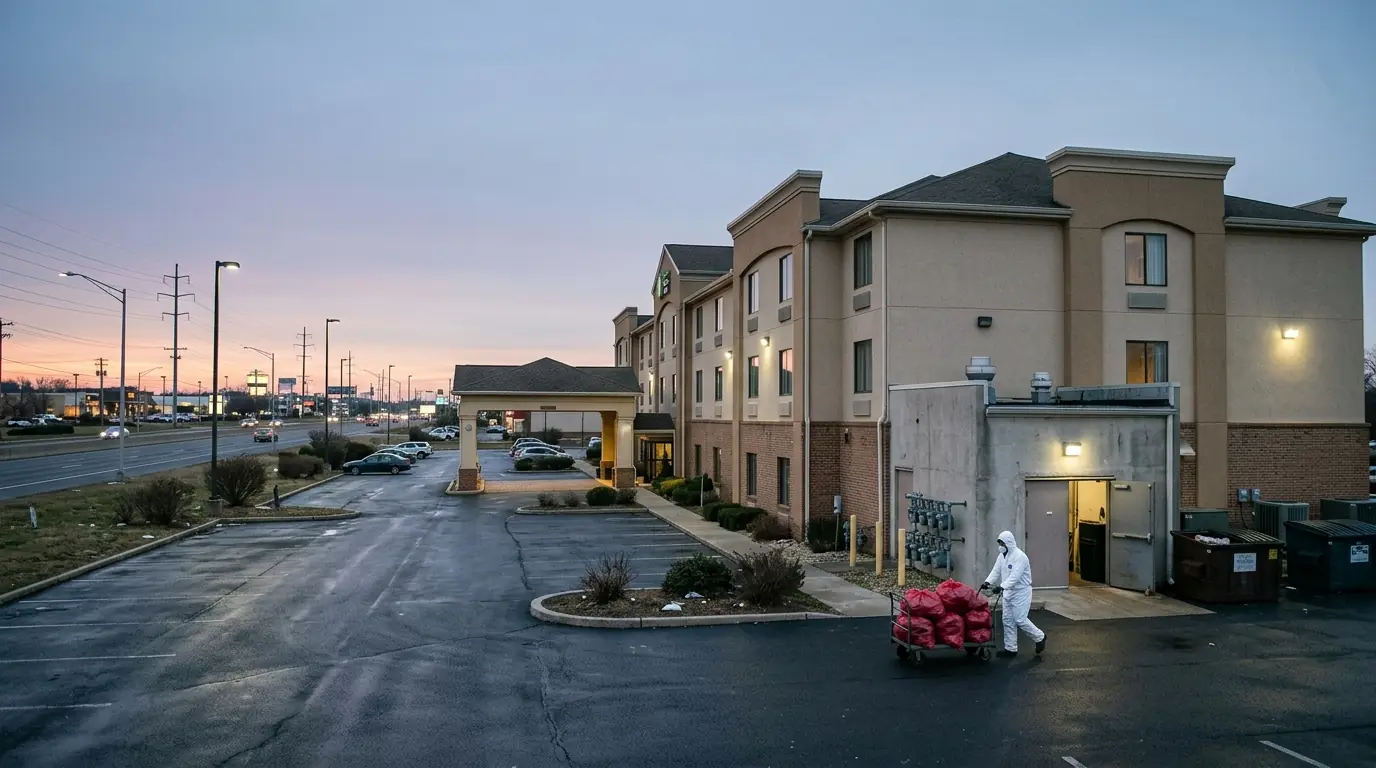 Technician pushing a cart of sealed bags outside a Bensalem hotel