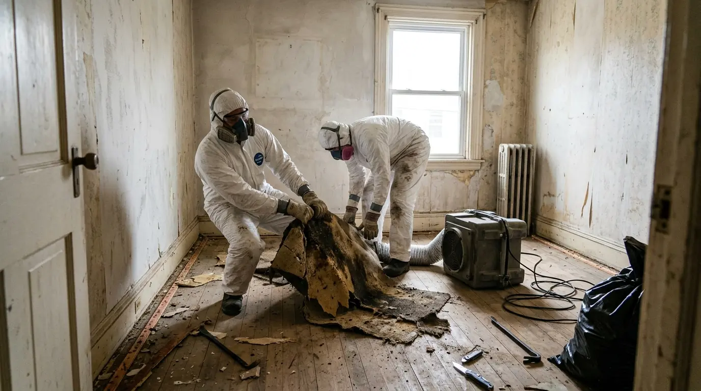 Technicians removing carpet from a wood subfloor in an empty room